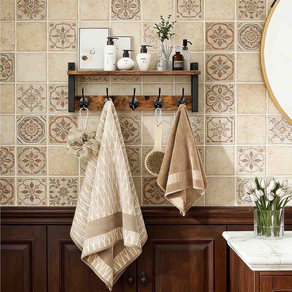 Solid Wood Wall Mounted Storage Rack, Multi Functional Entrance Key Holder, Living Room Decor Ornament Shelf, Waterproof Bathroom Storage Organizer for Home Space Saving, 17*1.6*7.3in, Brown