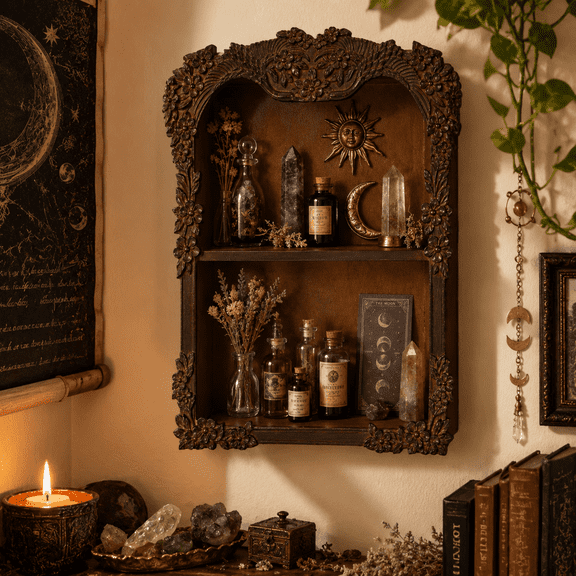 Solid Wood Wall Shelf, Vintage 2-Tier Display Shelf with Carved Birds and Floral Relief, Decorative Wall-Mounted Storage Organizer for Crystals, Perfume, Collectibles and Small Decor, Dark Brown