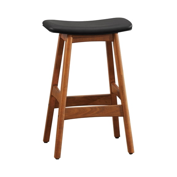Solid Wood Walnut Finish Counter Height Stools Set of 2 Matt Black Faux Leather Seat