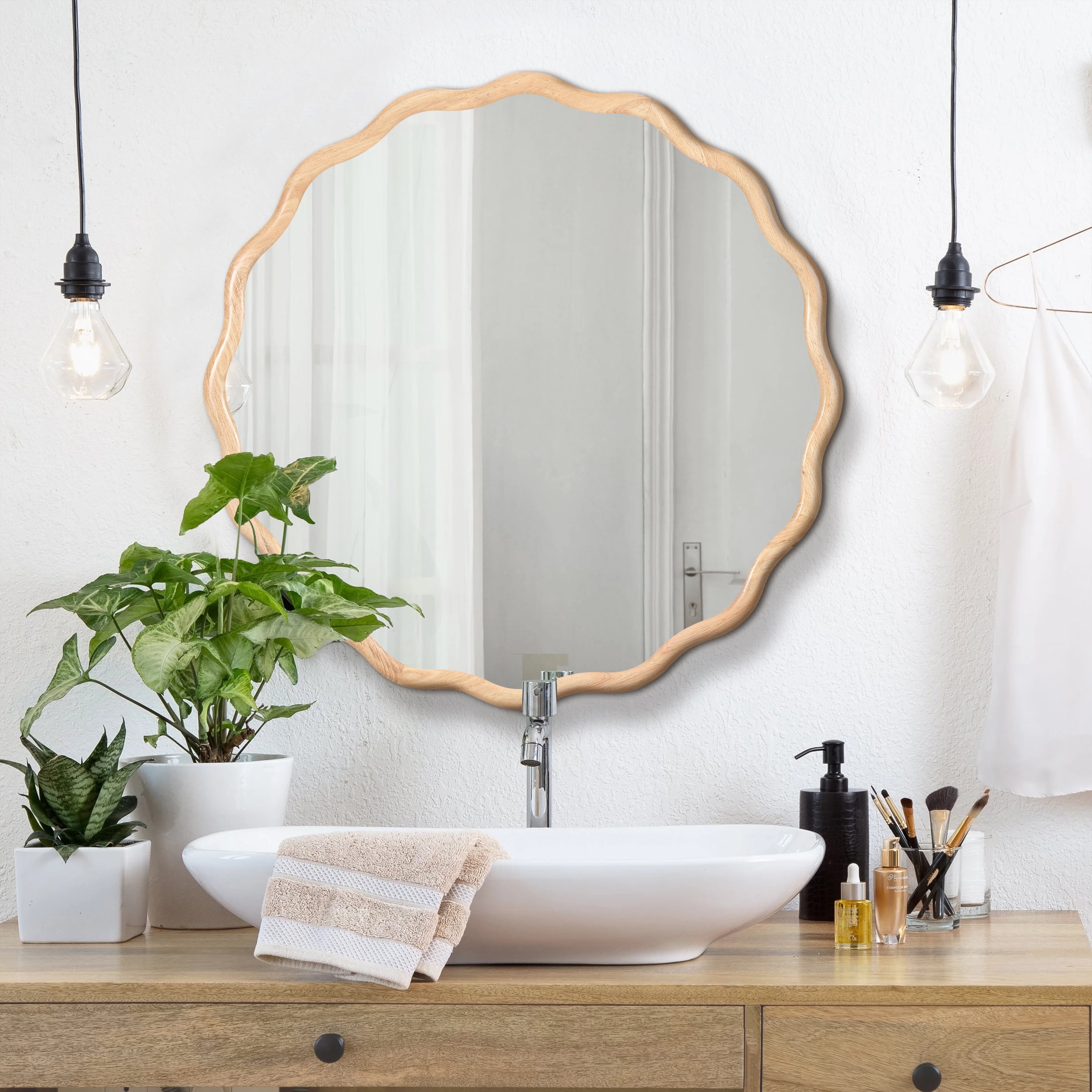 Solid Wood Wavy Mirror--Natural-Wood Vanity Mirror Wall Decor 31" x 31 ...