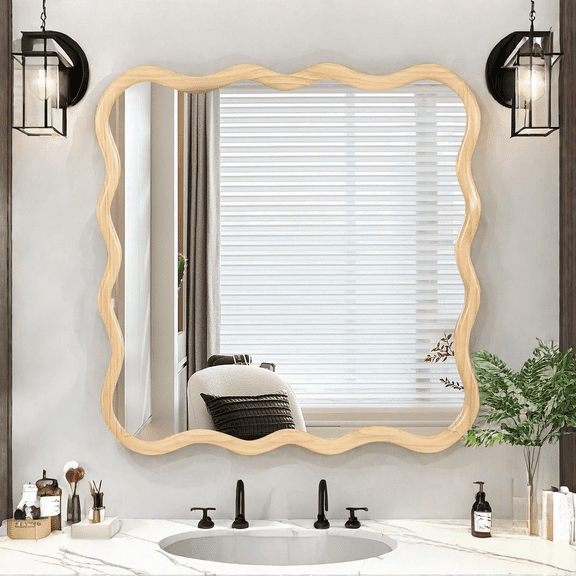 Solid Wood Wavy Square Mirror-Natural Wood 36" x 36" Modern Mirror Wall Decor for Bathroom,