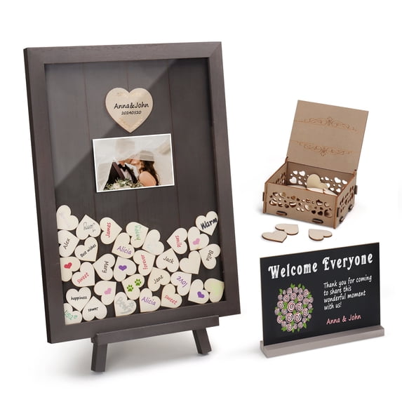 Solid Wood Wedding Guest Book Alternative - Rustic Drop Top Picture Frame Sign with Chalkboard, 100pcs Wooden Hearts, Storage Box - Wedding Reception for Party Anniversary Birthday
