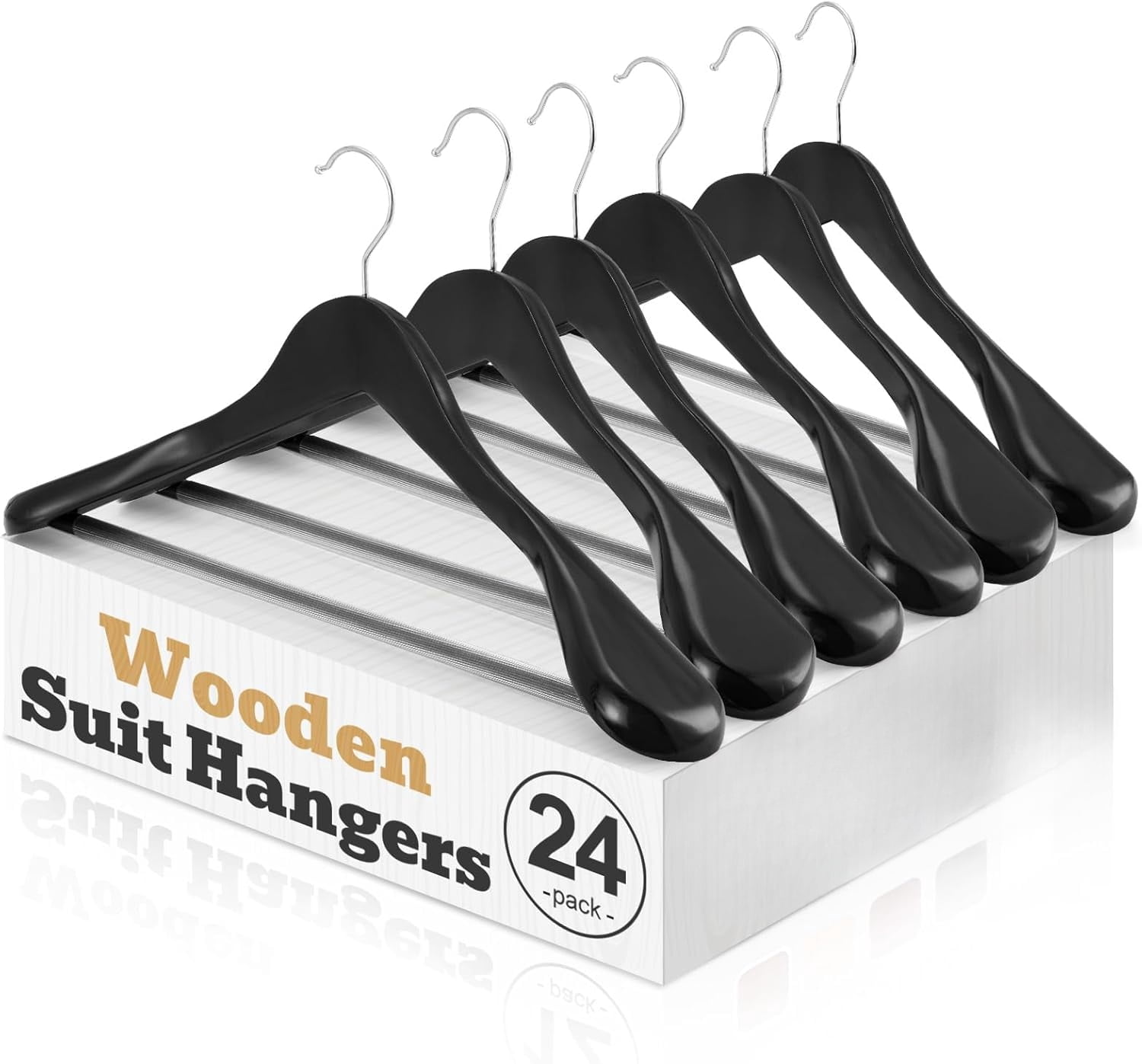 Solid Wood Wide Shoulder Hangers with Non-Slip Pants Bar, 360 °   Swivel Hook for Suits, Dresses, Jackets, and Heavy Clothes - 6 Pack (Walnut Finish)