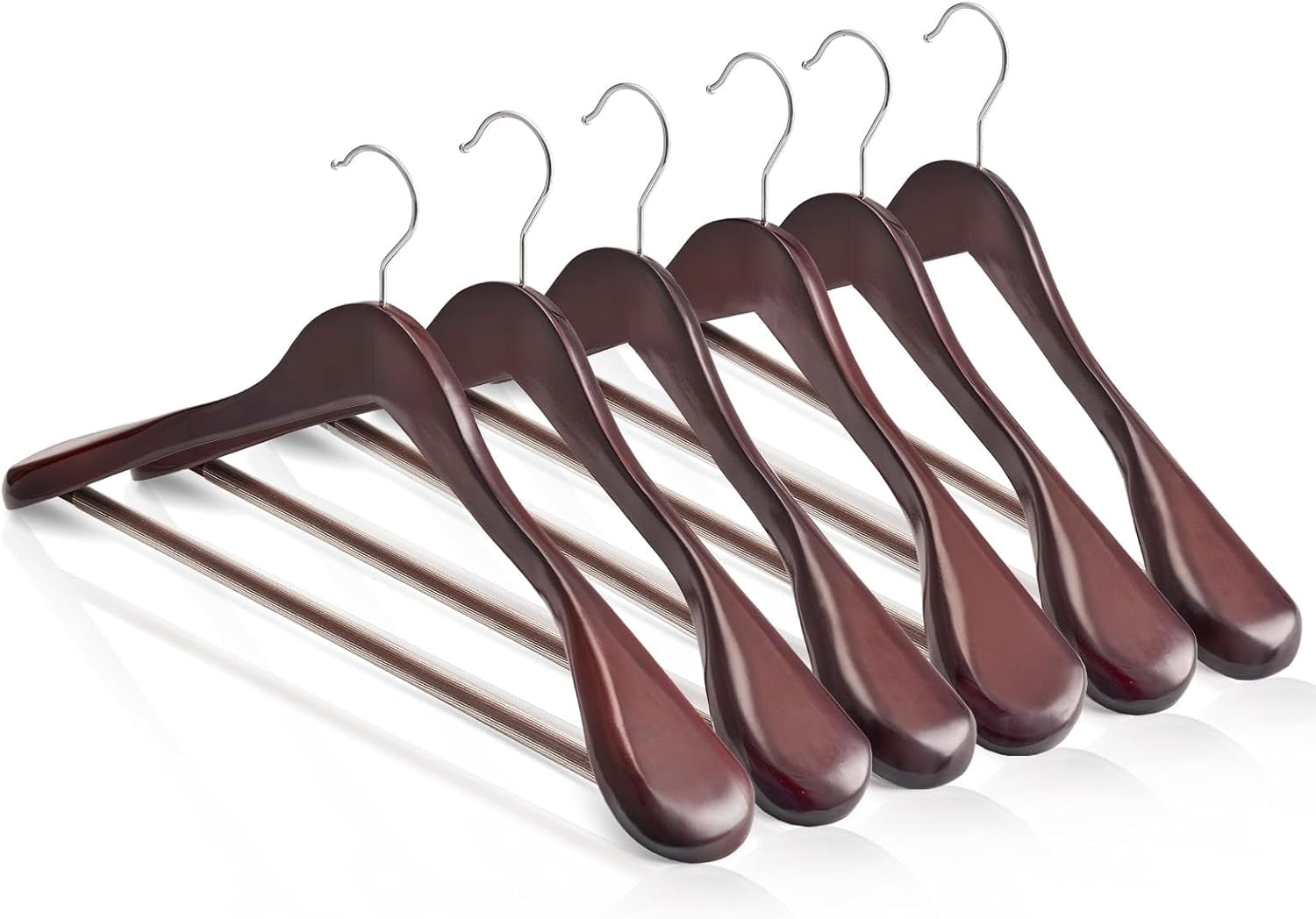 Solid Wood Wide Shoulder Hangers with Non-Slip Pants Bar, 360 °   Swivel Hook for Suits, Dresses, Jackets, and Heavy Clothes - 6 Pack (Walnut Finish)