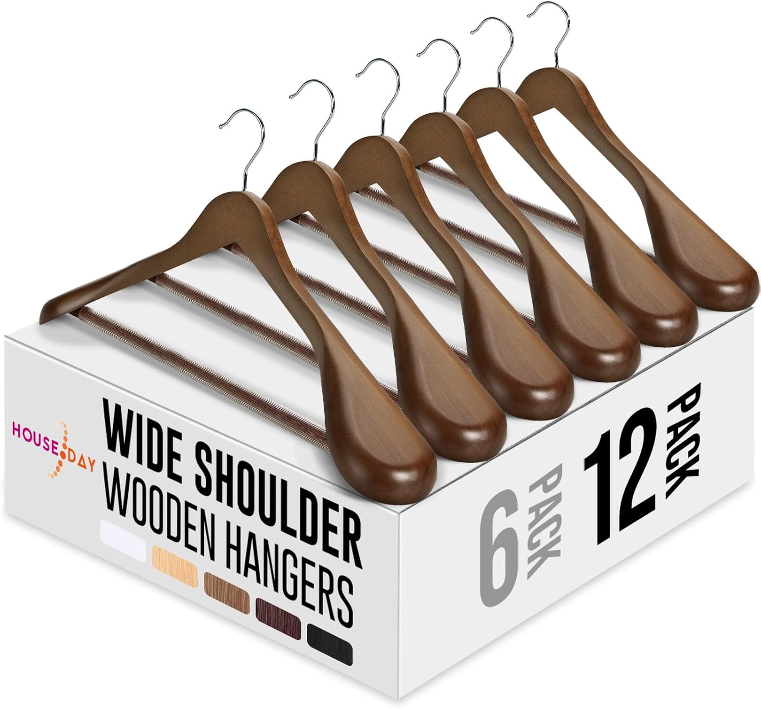 Solid Wood Wide Shoulder Hangers with Non-Slip Pants Bar, 360 °   Swivel Hook for Suits, Dresses, Jackets, and Heavy Clothes - 6 Pack (Walnut Finish)