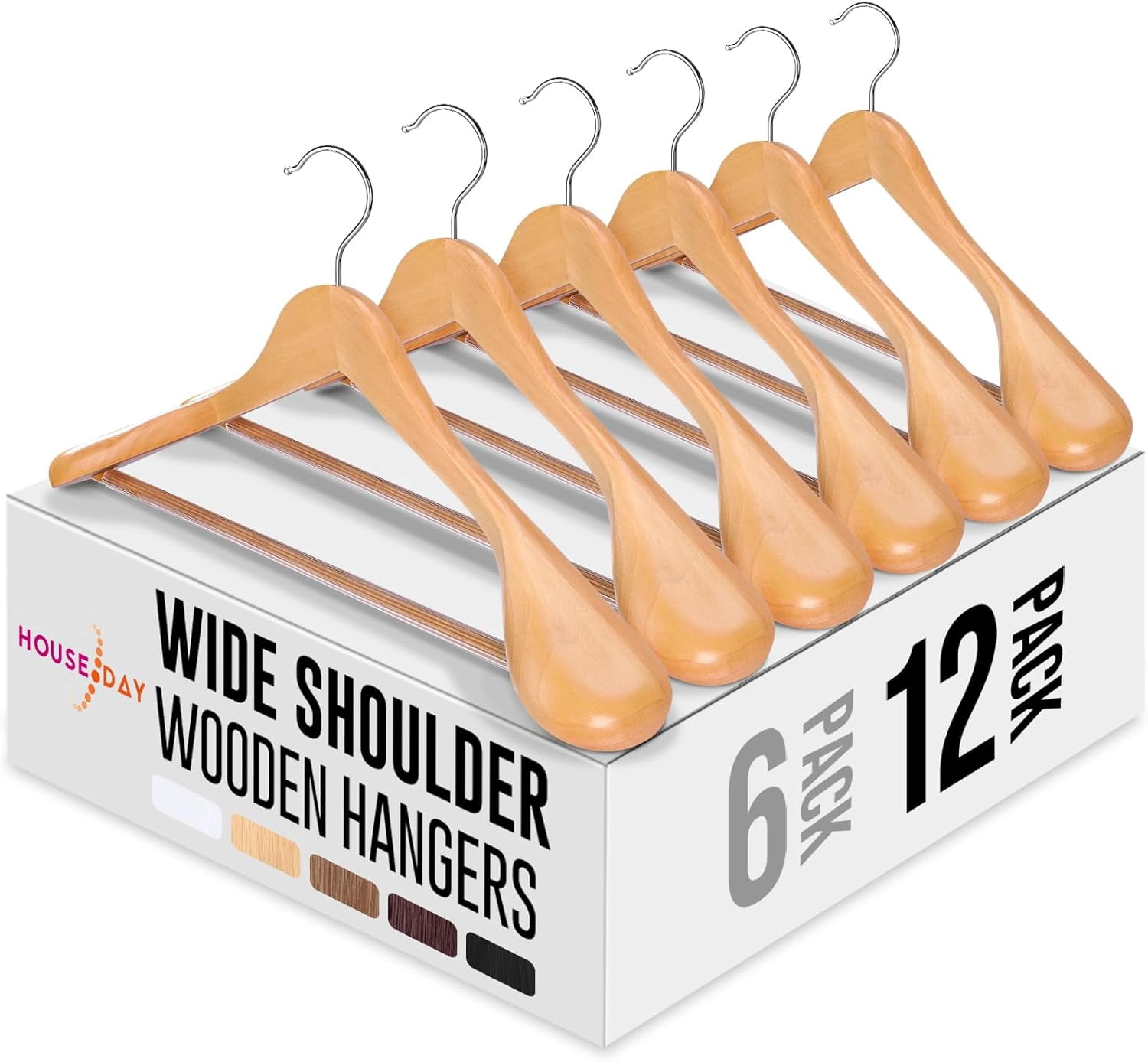 Solid Wood Wide Shoulder Hangers with Non-Slip Pants Bar, 360 °   Swivel Hook for Suits, Dresses, Jackets, and Heavy Clothes - 6 Pack (Walnut Finish)