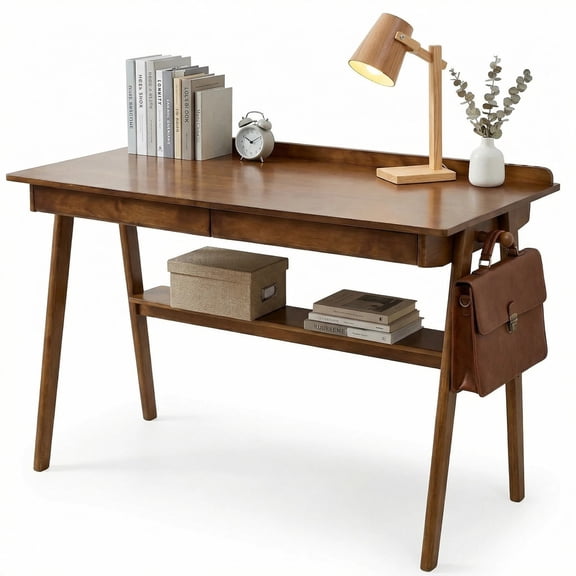 Solid Wood Writing Desk 47 Inch with 2 Drawers & Storage Shelf Mid Century Modern Home Office Desk with Hooks for Bedroom Study Walnut