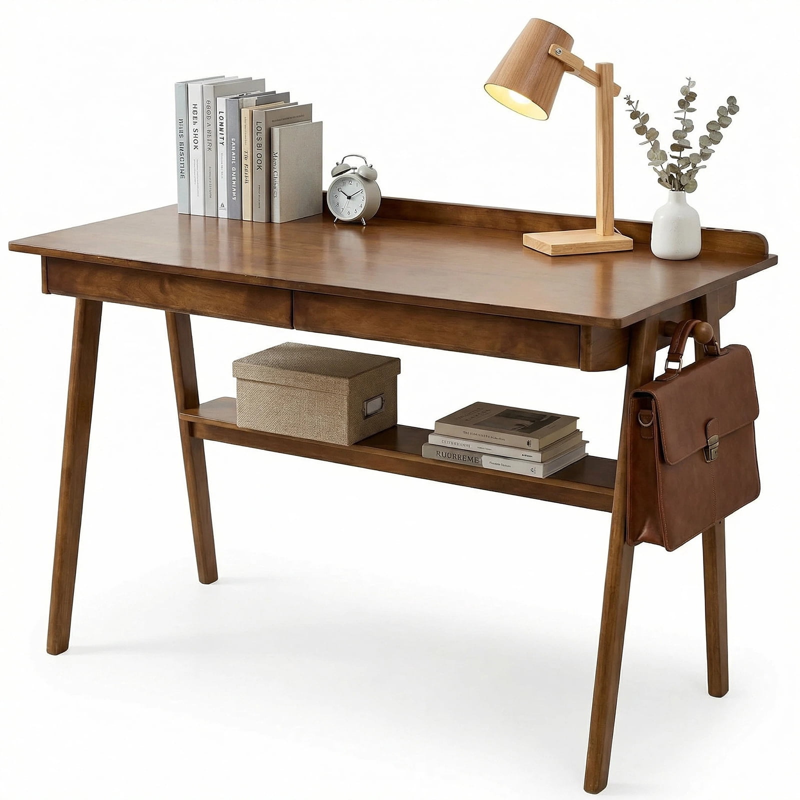 Solid Wood Writing Desk, Home Office Desk for Small Spaces, Mid Century Modern Desks with 2 Drawers & Storage Shelf, Standing Desk with Side Hooks for Study, Bedroom, Office (Walnut)