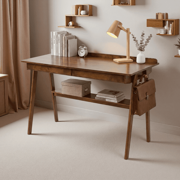 Solid Wood Writing Desk, Mid Century Modern Desk with 2 Drawers & Storage Shelf, Side Hooks, Home Office Desk for Small Spaces, Walnut