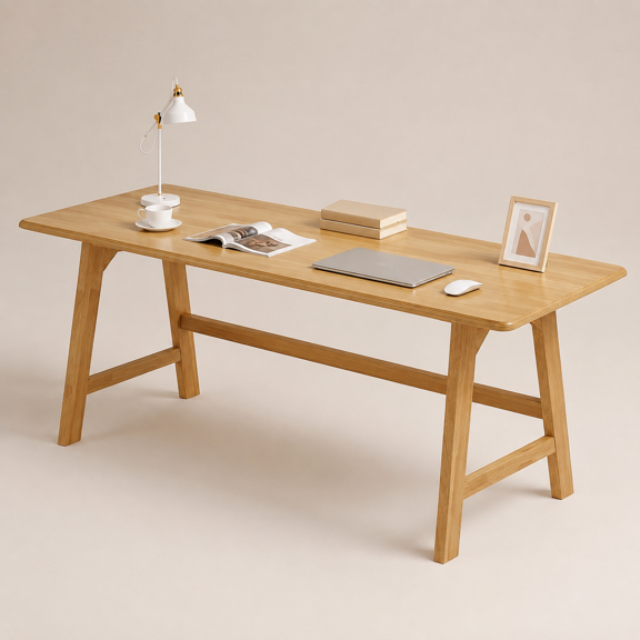 Solid Wood Writing Table - 72" W Minimalist Long Computer Desk, Oak