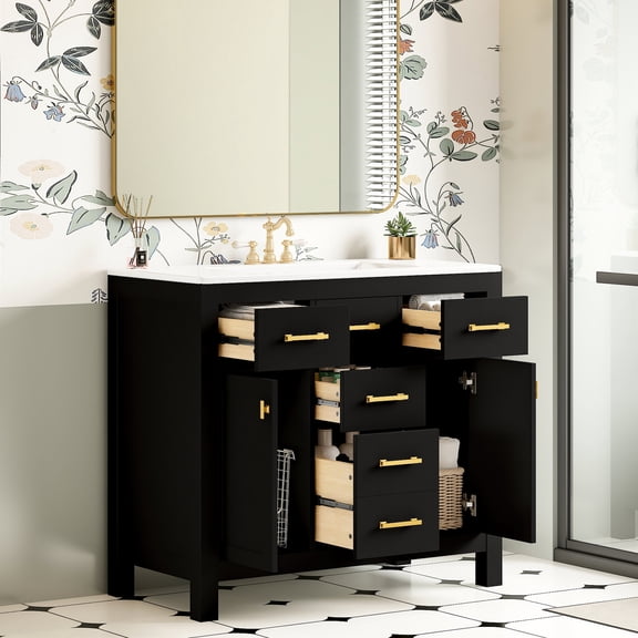 Solid Wood and MDF 36-Inch Bathroom Vanity with Ceramic Sink, Perfect for Bathroom Organization