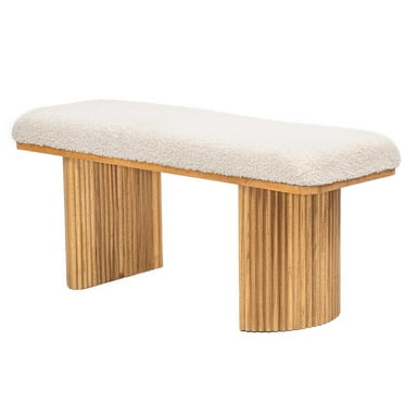 Solid Wood and White Boucle Bench Exotic Boho Entry