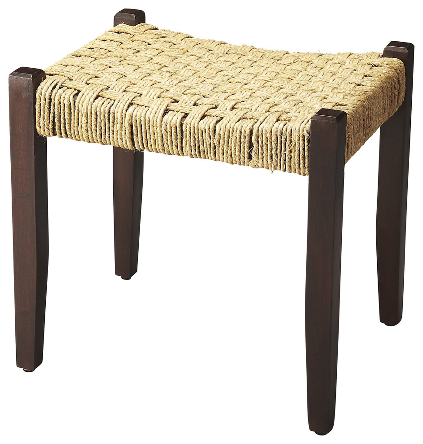 Dark Brown Solid Wood and Woven Jute Stool