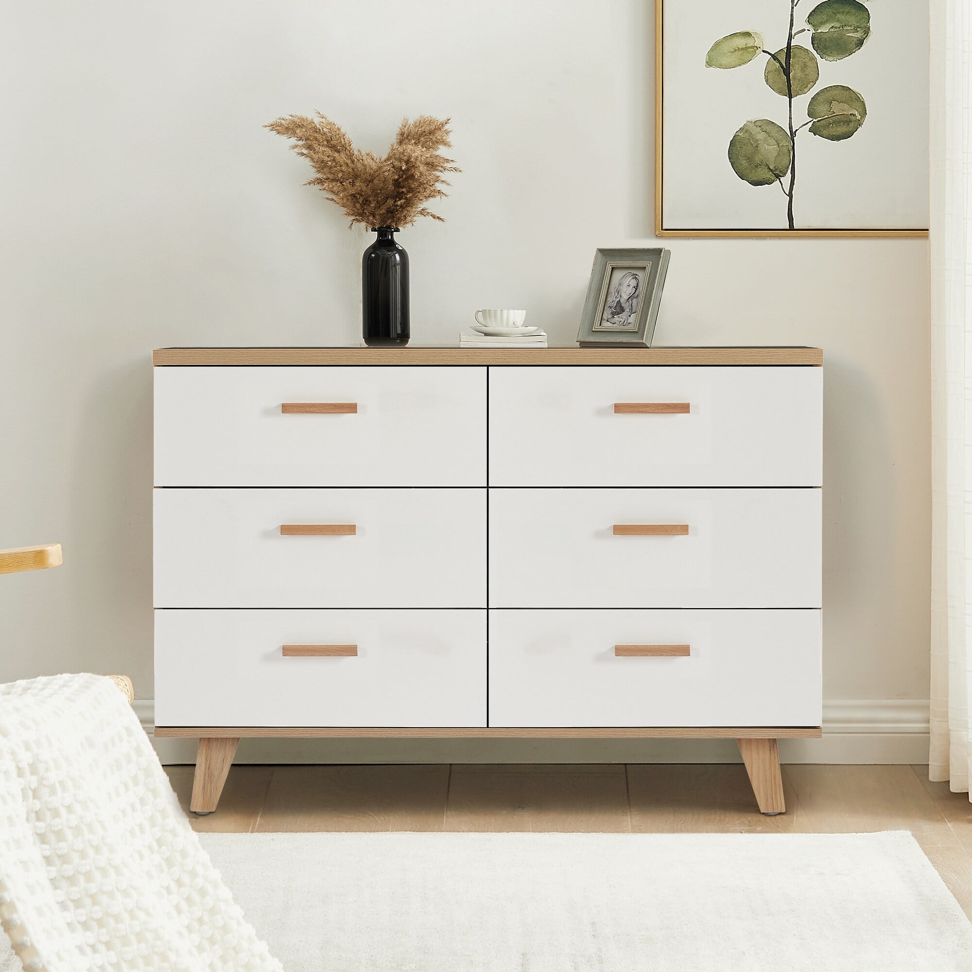 Modern White and Light Brown Solid Wood Dresser with Beech Handles