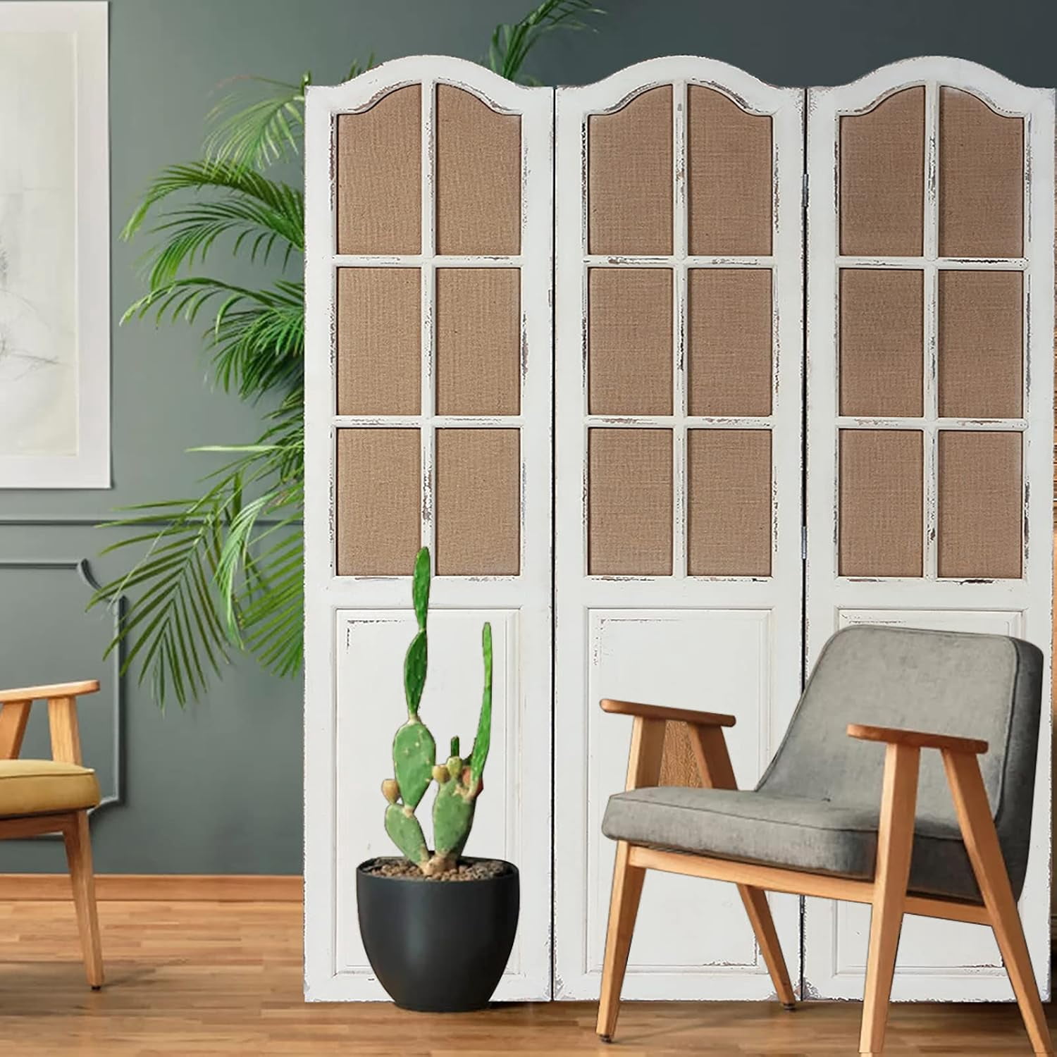 Room Divider 3 Panel Folding Solid Wood and Linen Handcrafted Freestanding Privacy Screen 6Ft Tall White