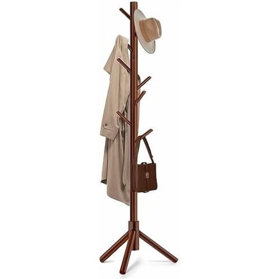 Solid Wooden Coat Rack Freestanding, New Zealand Pine Coat Tree with 8 Hooks & 3 Adjustable Sizes for Coats, Hats, Handbags and Scarves, Space Saving for Entryway/Office/Bedroom (Brown)