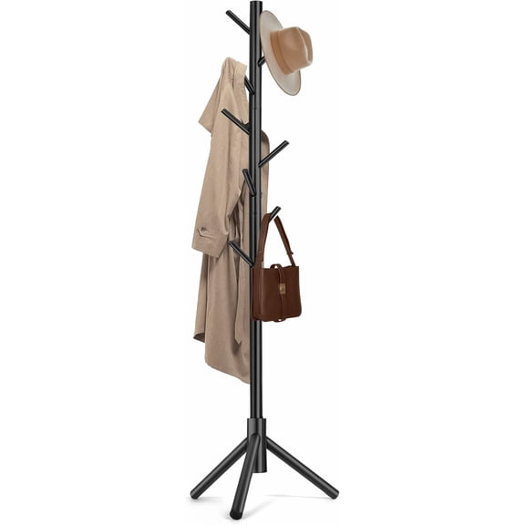 Solid Wooden Coat Rack Freestanding, New Zealand Pine Coat Tree with 8 Hooks & 3 Adjustable Sizes for Coats, Hats, Handbags and Scarves, Space Saving for Entryway/Office/Bedroom (Black)