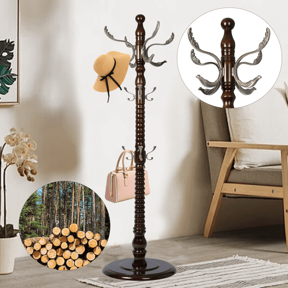 Solid Wooden Coat Racks Freestanding, Heavy Duty Coat Rack Stand with 14 Hooks, Natural Birch Wood Coat stands with Triangle Base, Coat Hanger Standing for Entryway Bedroom Office (Metal hooks)