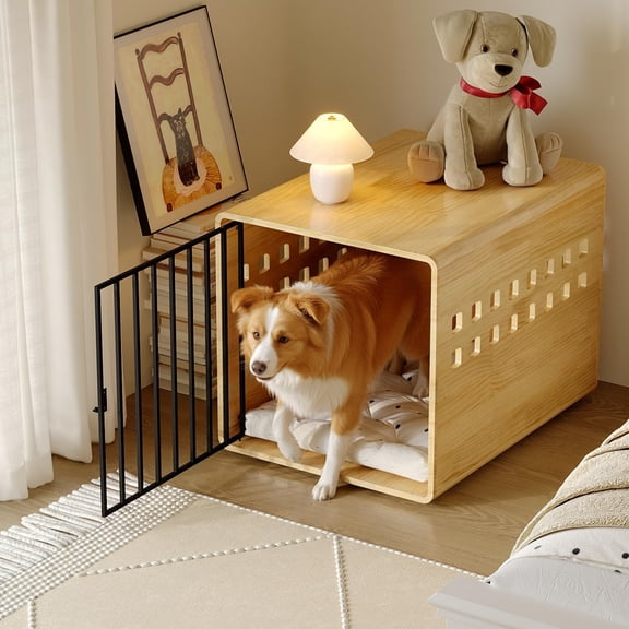 Solid Wooden Furniture Dog Crate for Medium & Small Dogs, Decorative Pet House End Table Indoor Natural