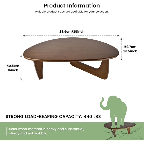Solid Wooden Modern Triangle Coffee Table:  Funky Living Room Furniture, Oval Mid- Irregular Abstract Tea Table for  Office Balcony Bedroom (Walnut, 35" L x 24" W x 16" H)
