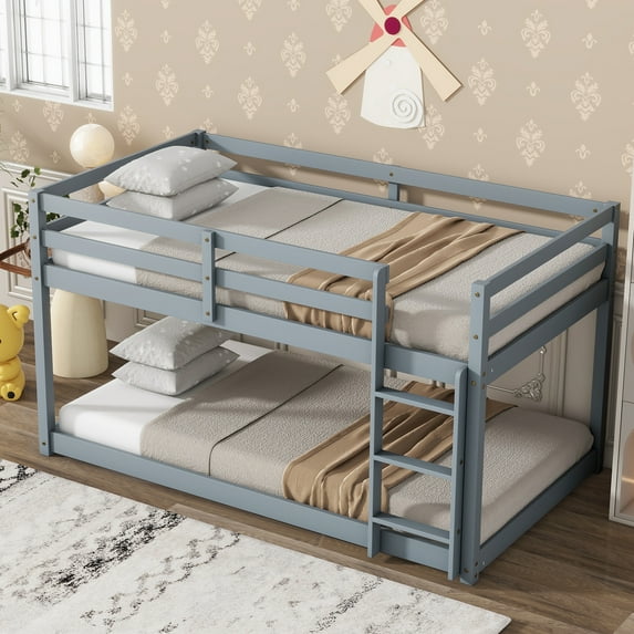 King Size Bed Frame Solid Wooden, Solid Rubber Wooden Twin over Twin Loft Bed with Ladder, with Bed Platform of Strengthened Slats , Grey,Full Size Bed Frame