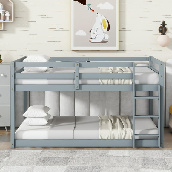 Solid Wooden , Solid Rubber Wooden Twin over Twin Floor Bunk Bed with Ladder ,Upper and Bottom Bed Platforms crafted with Strengthened Slats ,Grey