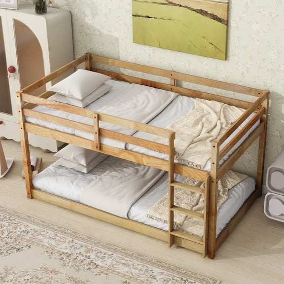 Solid Wooden , Solid Rubber Wooden Twin over Twin Floor Bunk Bed with Ladder ,Upper and Bottom Bed Platforms crafted with Strengthened Slats ,Natural
