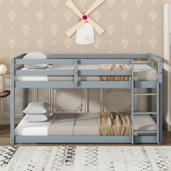 Solid Wooden, Solid Rubber Wooden Twin over Twin Floor Bunk Bed with Ladder, with Bed Platform of Strengthened Slats , Grey