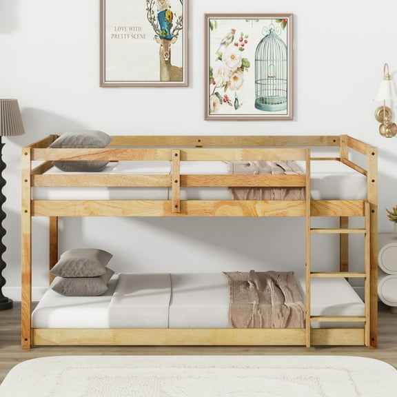 Solid Wooden, Solid Rubber Wooden Twin over Twin Floor Bunk Bed with Ladder, with Bed Platform of Strengthened Slats , Natural