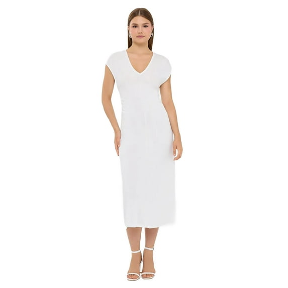 Solid Woven V-Neck Cap Sleeve Midi Dress