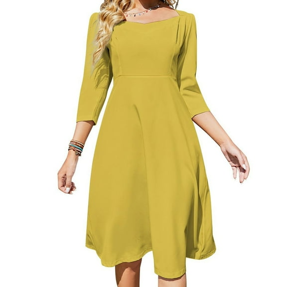 Solid Yellow Background Color Image Womens Summer Dress Tie Back A Line Flare Dress
