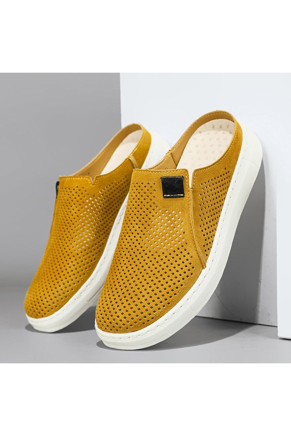 Solid Yellow Breathable Perforated Mule Shoes Shock Absorbing White Outsole Summer Daily Trainers