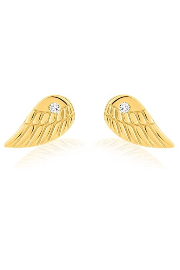 Solid Yellow Gold 14k Wing with Tiny Stone Cubic Zirconia CZ Stud Earrings