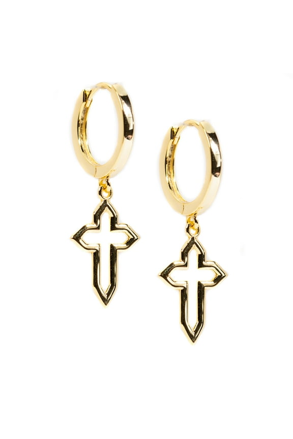 Solid Yellow Gold Plated 925 Sterling Silver Dangle Cross Hanging Hoop Earrings