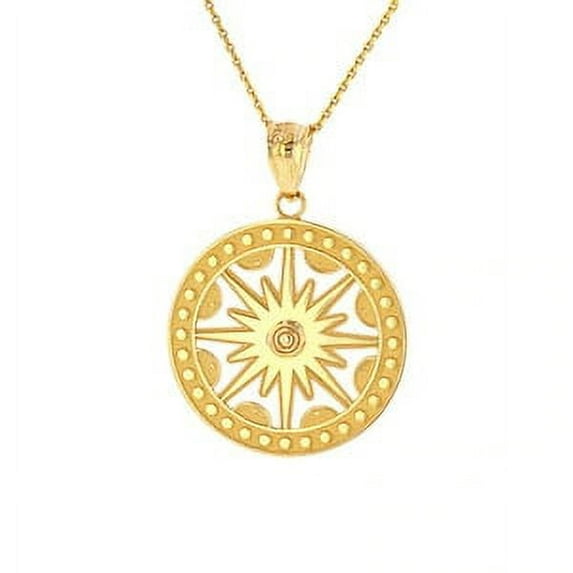 Solid Yellow Gold Textured Medallion Openwork Flaming Sun Pendant Necklace - 10K, Pendant with 22" chain