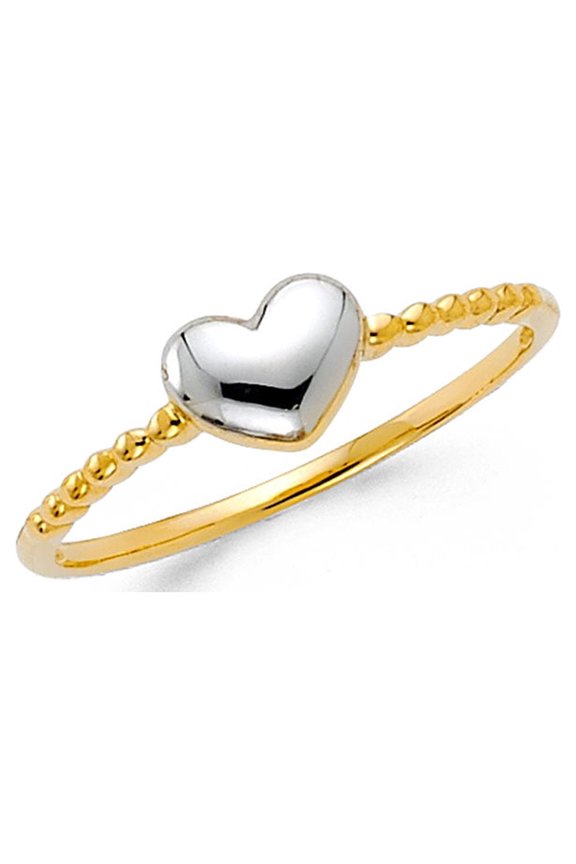 Solid Yellow & White Gold Bubble Heart Love Ring Fancy Band Delicate Style Genuine 5MM, Size 7