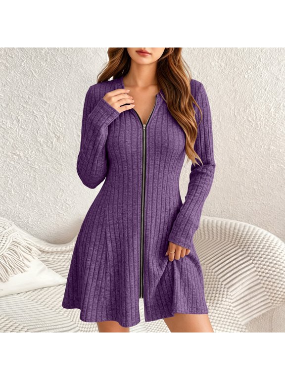Solid Zipper Shirt Dress Ladies Long Sleeve Solid Tone Casual Midi Dress Front Zip Closure Simple Minimalist Silhouette Comfort Apparel for office Street Daily Styling Purple Xxl