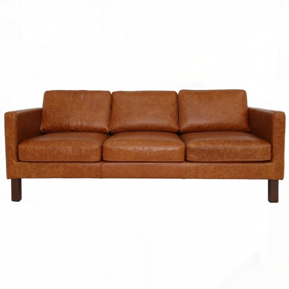 Solid and Manufactured Wood Frame Sofa in Memphis Waxy Cognac Leather with Block Wood Joints and 10-Minute Assembly