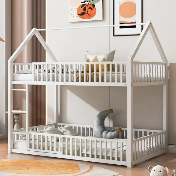 Solid and Stable Metal Twin Over Twin House Bunk Bed with Fence and Door (White)