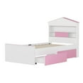 thumbnail image 1 of Solid and Stable Twin Size House-Shaped Wooden Bed with Storage Shelf On The Headboard, Built-In Two Storage Drawers (Pink), 1 of 12
