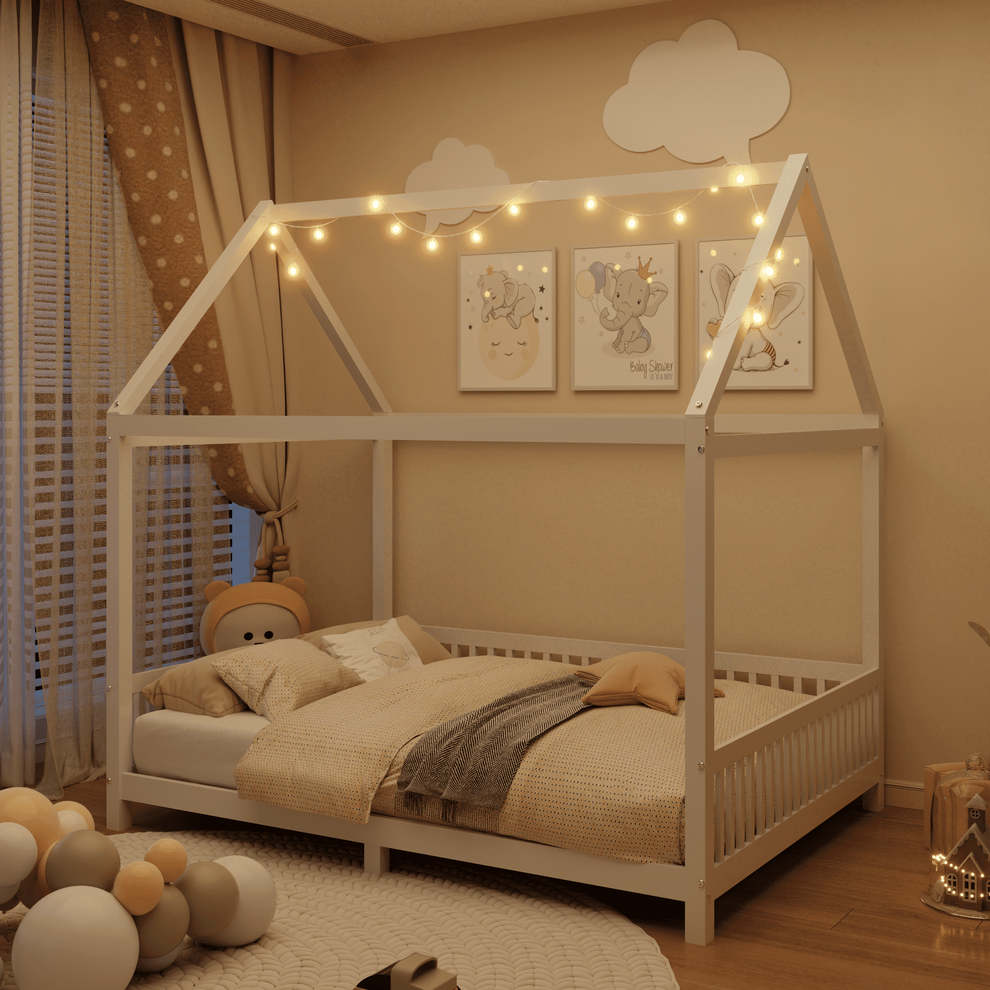 Solid and Stable Wood Full Size House Bed with Guardrail and Led (White)
