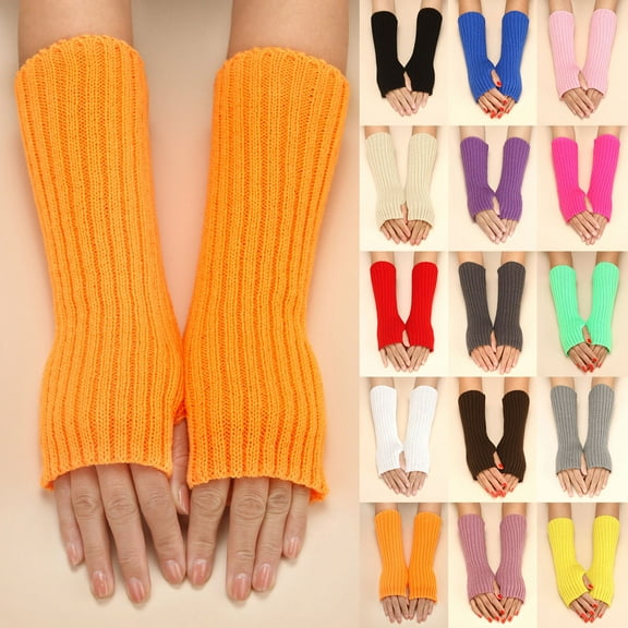 Solid and Striped Wool Blend Fingerless Gloves for Women Autumn Winter Warm Knit Wear