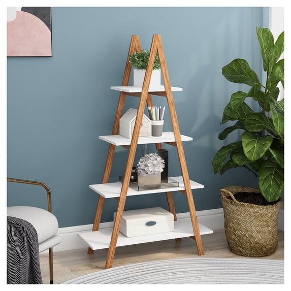 Solid bamboo wood "A" frame ladder display bookshelf White + MDF