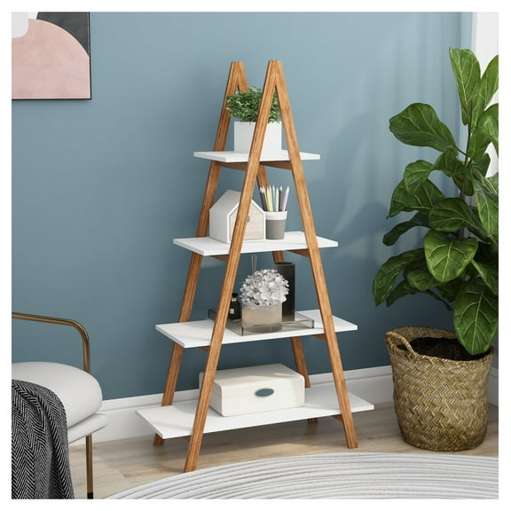Solid bamboo wood "A" frame ladder display bookshelf