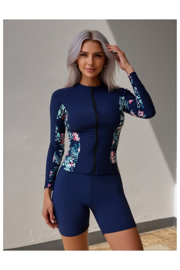 Women's European American Sports Zipper Tropical Print One-Piece Swimsuit, Slimming High End Bathing Suit for Summer Beach
