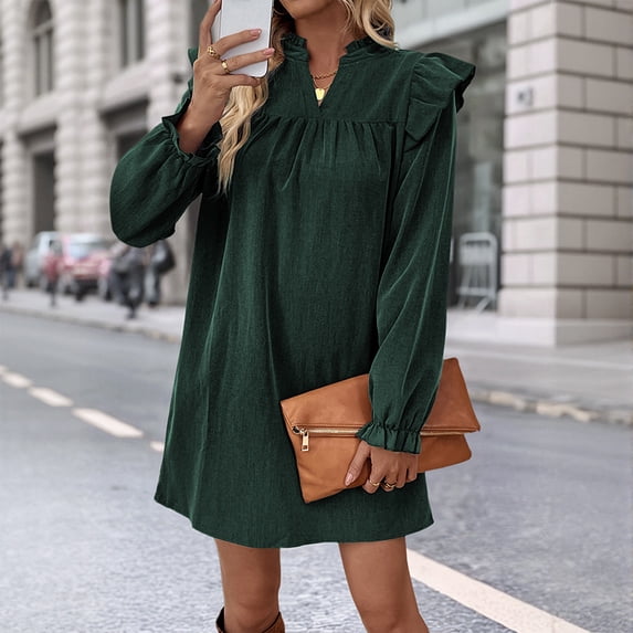Solid color ruffled long-sleeved loose stand-collar dress for women