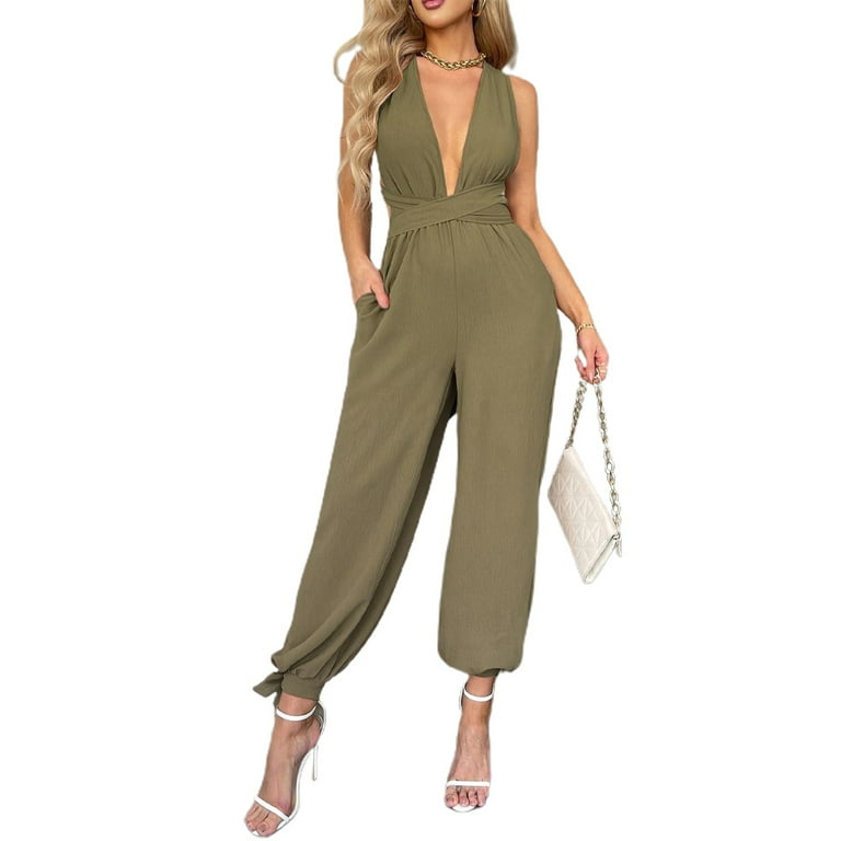 Sexy Casual Solid Backless With Belt V Neck Regular Jumpsuits Sexy Casual Solid Backless With Belt V Neck Regular Jumpsuits