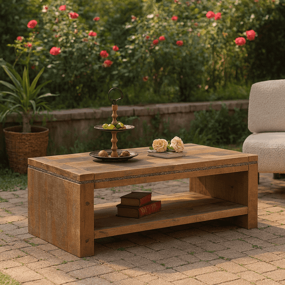 Solid wood,Rectangle Coffee Table with Solid Wood for Living Room, Large 2-Tier Rustic Coffee Table with Storage Shelf, Office and Apartment, Easy Assembly