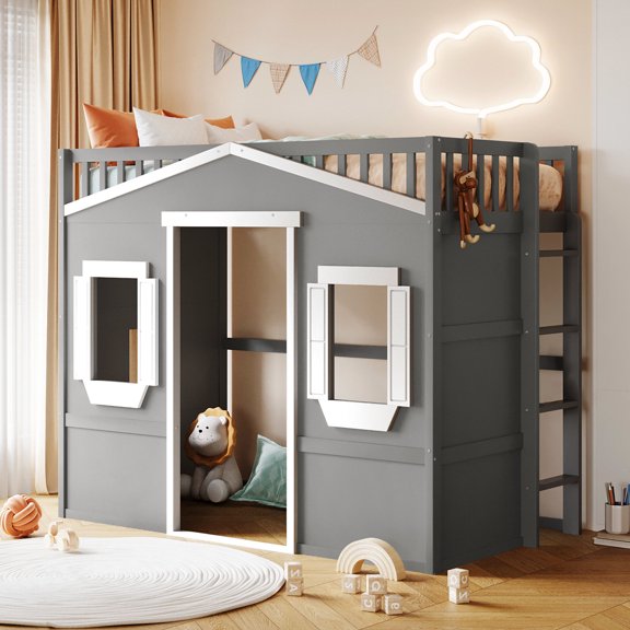 Solid wood construction, guard rails for safety / Twin loft bed for family use