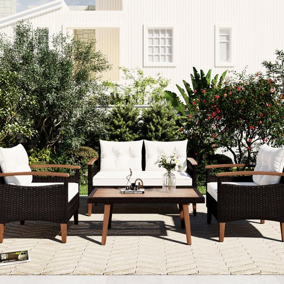 Solid wood tabletop & long - lasting armrests / Backyard use with included table cover